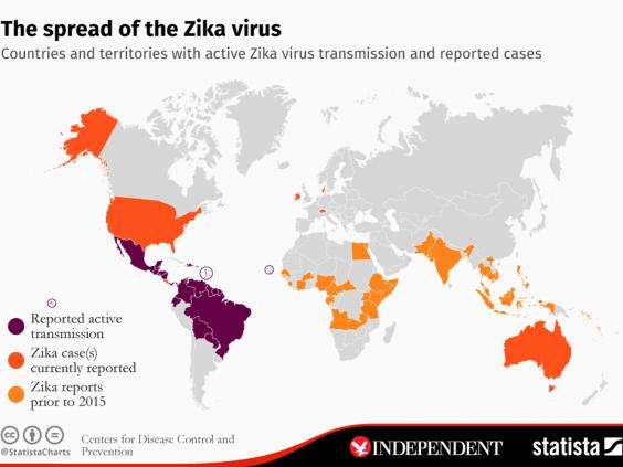 The spread of the Zika virus - Countries and territories with active Zika virus transmission and reported cases - Map release date: February 4, 2016 (Image via)