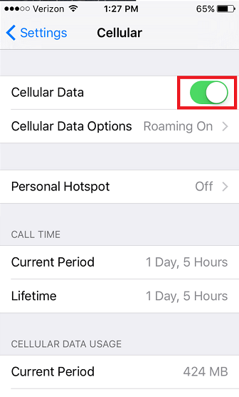 Cellular Data is circled in red.