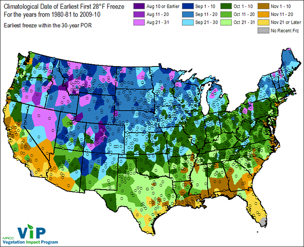 A map showing the average dates of the first fall freeze across the US from 1981-2009.