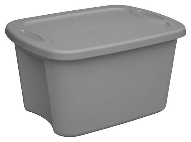 Gray plastic Tupperware bin to use for a hydroponics garden system