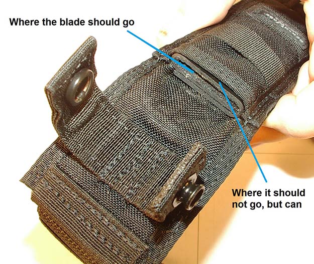 This image illustrates a potential issue with the Benchmade 140 Nimravus sheath. The back of the Benchmade 140 Nimravus sheath. Read more at http://survivallife.com/2015/10/12/benchmade-140-nimravus-review/