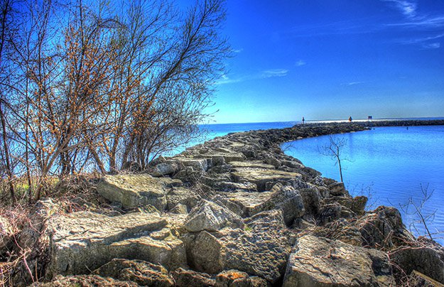 A rock walkway bordering the lake at High Cliffs State Park, Wisconsin.