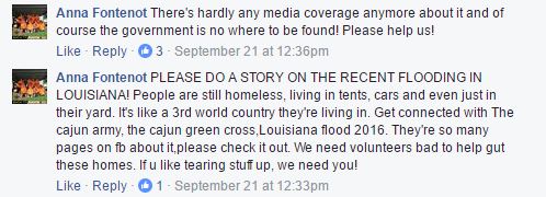 Facebook comments from reader Anna Fontenot about the August 2016 floods in Louisiana