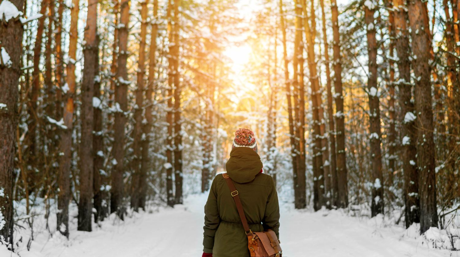 Woman walks a winter forest with the morning light streaming through the trees | Winter Storm Survival: How To Stay Warm And Survive The Cold | Featured