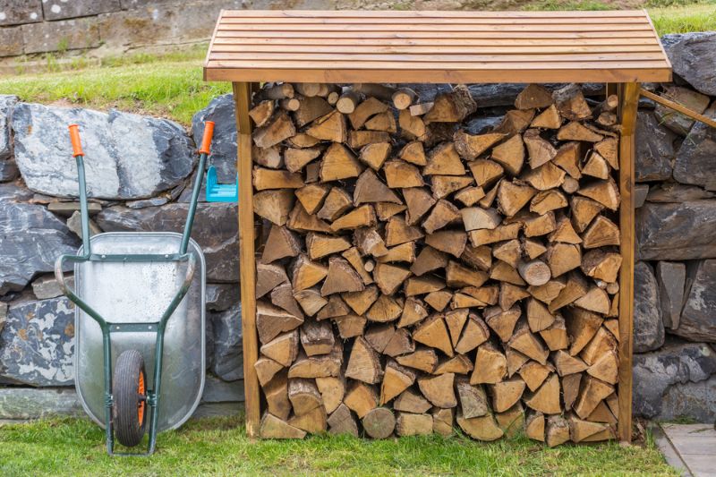 wheelbarrow-open-shed-shelter-stack-burning how to use an axe 