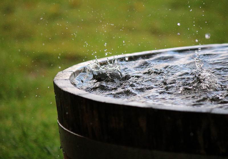 rain falling wooden barrel full water | non potable water uses