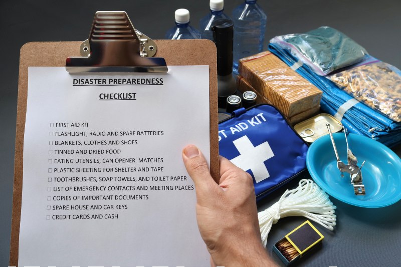 Disaster preparedness checklist on a clipboard with disaster relief items in the background-food kit-SS