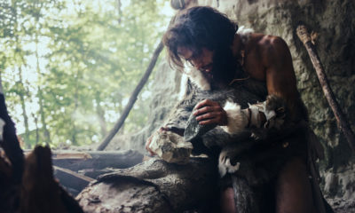 Primeval Caveman Wearing Animal Skin | stone age tools