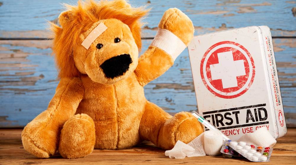 Pediatric healthcare or veterinary medicine concept with a cute little stuffed lion with a bandage head and arm alongside | Safety And Preparedness Kits For Children | featured