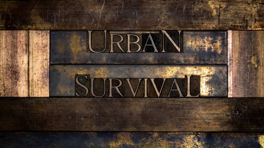 real authentic typeset letters Urban Survival text on vintage textured grunge copper-ss