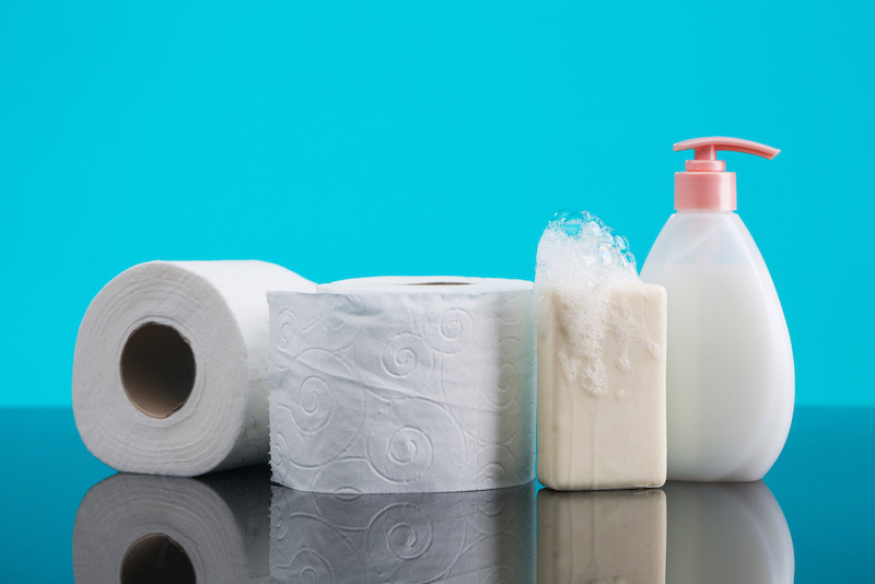 Soap bar, liquid soap and toilet paper | emergency bag list