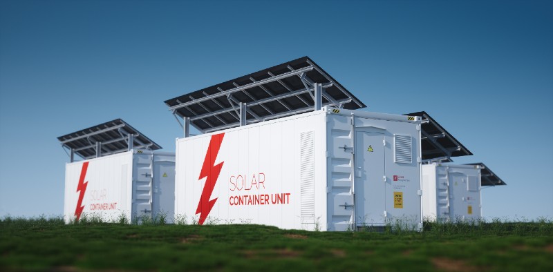Unidad de contenedor solar. Concepto de representación 3D de un contenedor de almacenamiento de energía de batería industrial blanco - Baterías de iones de litio