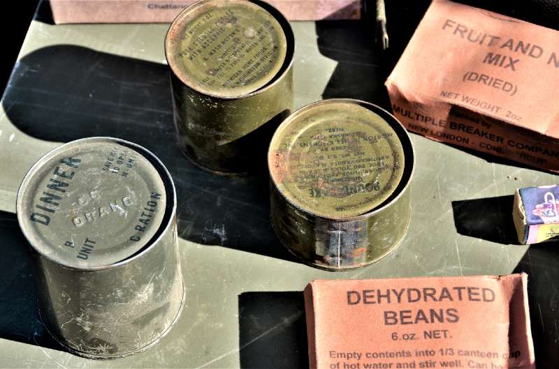 Display of old Vietnam era military C-ration meals that the troops ate while in the field-DIY MREs