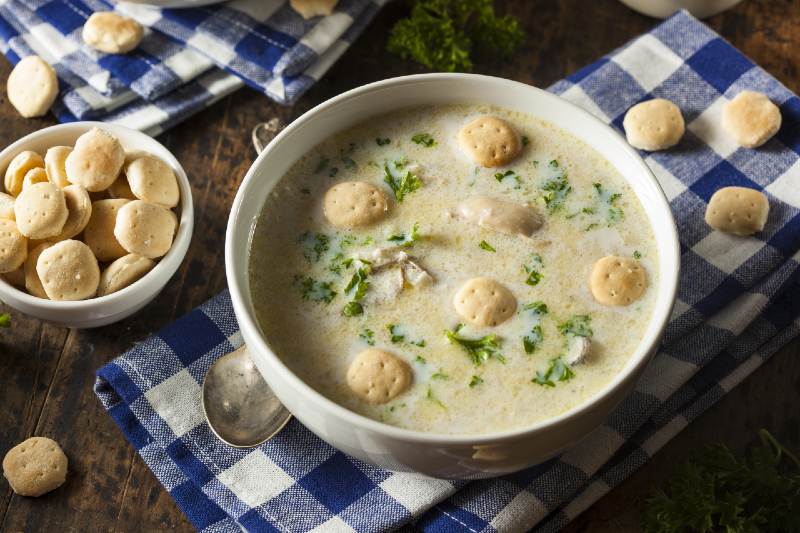 Homemade Oyster Stew with Parsley and Crackers-camping food on a budget