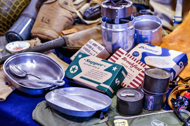 display of vintage MRE rations, (meals ready to eat) mess kit-DIY MREs