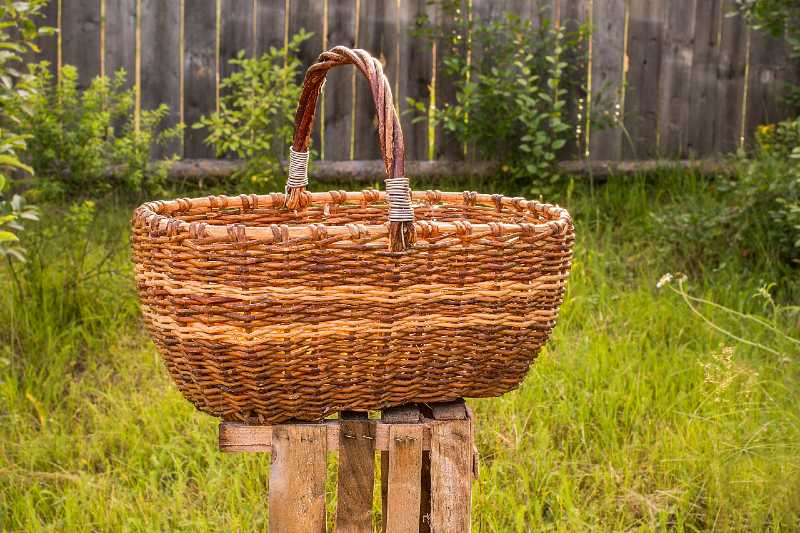 Big old weathered empty wicker laundry basket-Small Space Garden