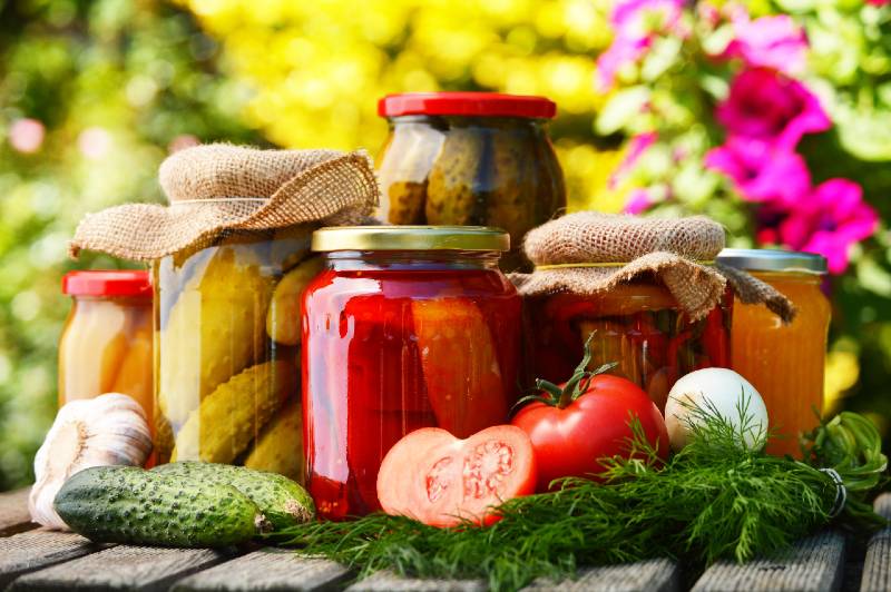 Jars of pickled vegetables in the garden. Marinated food-Small Space Garden