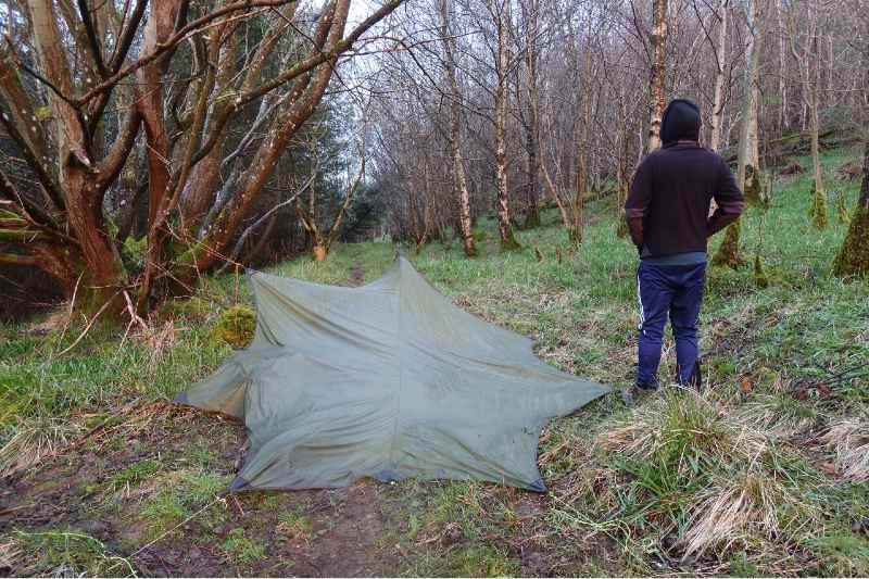 Solo Hiker tarp wild camping with back faced to the camera looking into woodland-Camping Alone Tips