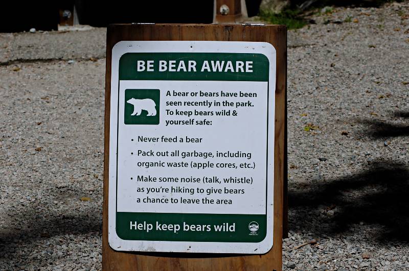 A sign board in the Lynn Headwaters Regional Park telling hikers to Be Bear Aware-bear attack