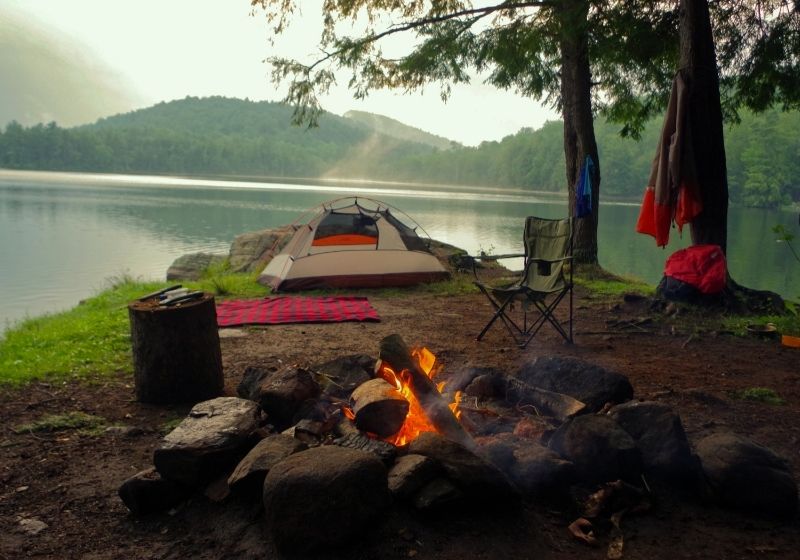 Adirondack Campsite with Campfire | set up tent