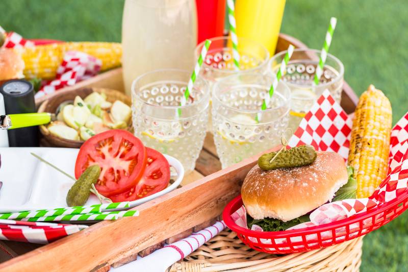 Small summer picnic with lemonade and hamburgers in the park - bring something to the picnic