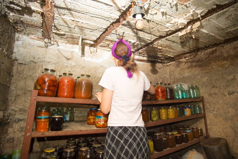 Woman puts jars with vegetables and fruits in the basement with food, for storage for a long time-Survival Food Kit
