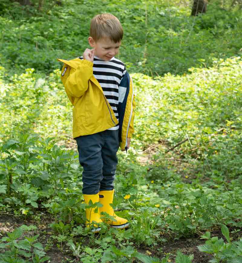 Little boy in a yellow jacket and rubber boots is bitten by a mosquito in the forest-camping holiday