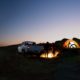 Two Male Friends near Bonfire, Pickup Offroad Truck-Truck Bed Camping