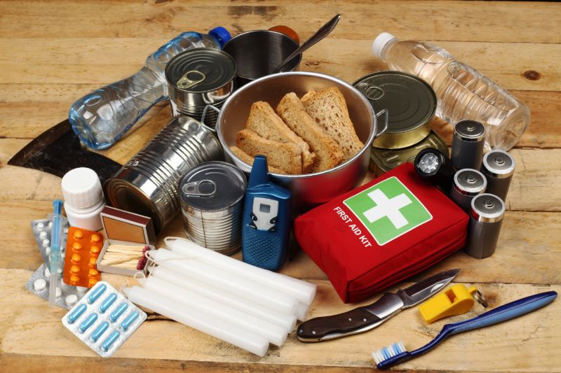 Items emergency on wooden table | Emergency essentials