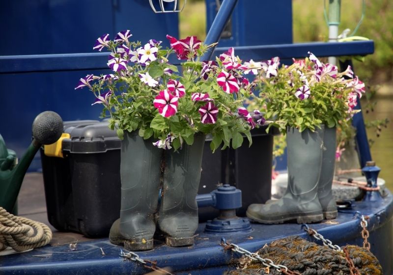 Wellington boot planters on boat | upcycling ideas for the garden