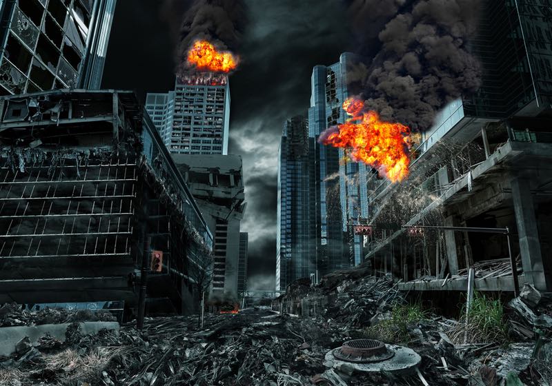 When Will Society Collapse 2040 | city with fires, explosions, debris and collapsing structures. Concept of war, natural disasters, judgment day, fire, nuclear accident or terrorism.