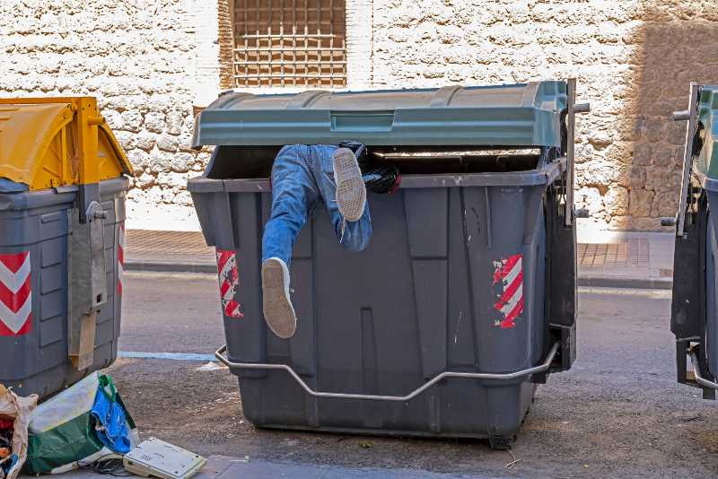 Dumpster diving man in denim jeans climbs into a large green rubbish | Scavenging, Dumpster Diving Through The Apocalypse