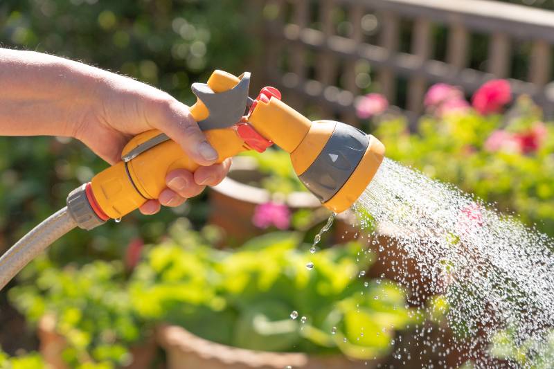Hand holding a watering hose spray gun | Conserve water outdoors