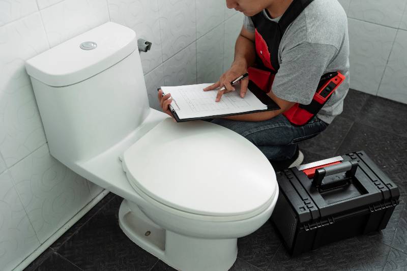 Handyman holding fixing list checking what it need to be done in this toilet | Indoors Drought Survival Tips