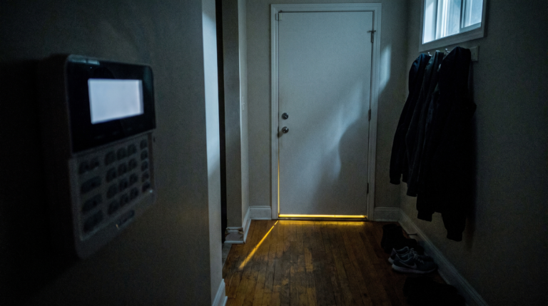 Dead alarm keypad in a dark hallway during a power outage