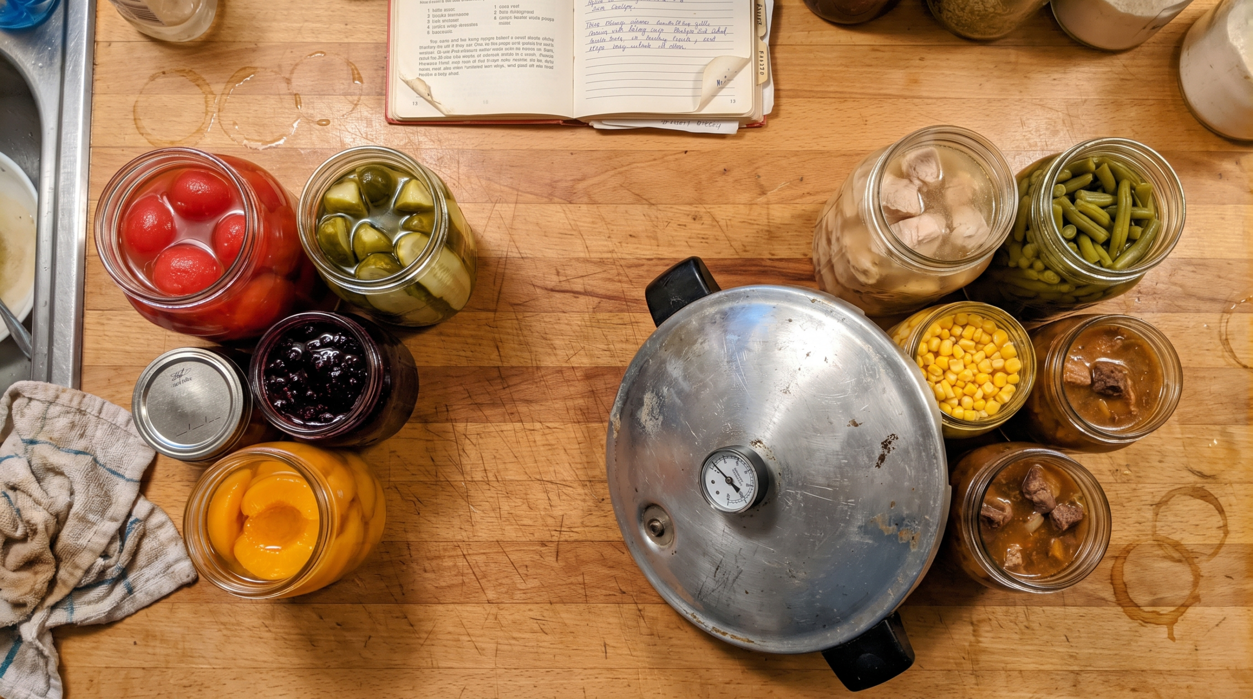 15 Canning Tips To Make Food Last For A Long Time High-acid jars of tomatoes, pickles, jam and peaches on one side of a counter, low-acid jars of chicken, green beans, corn and stew on the other, with a pressure canner lid between them