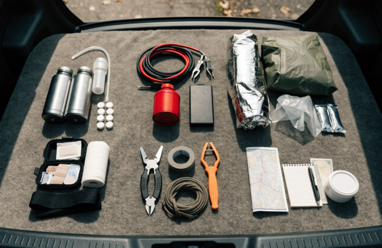 Vehicle bugout kit gear laid out in six groups on a car cargo mat