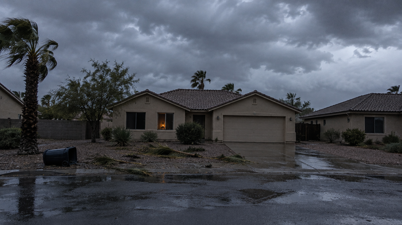 Arizona house with dark windows after a monsoon power outage knocked out the neighborhood