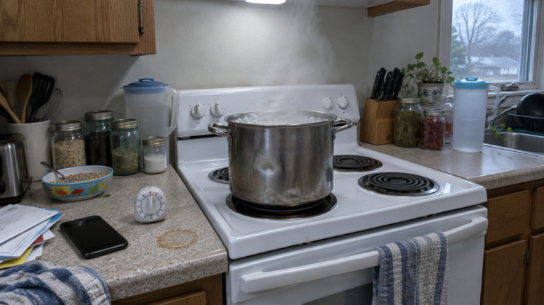 Pot of tap water at a rolling boil on a home stove during a boil water advisory