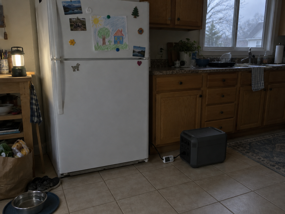 Refrigerator running off a portable power station with a plug-in meter during a monsoon power outage