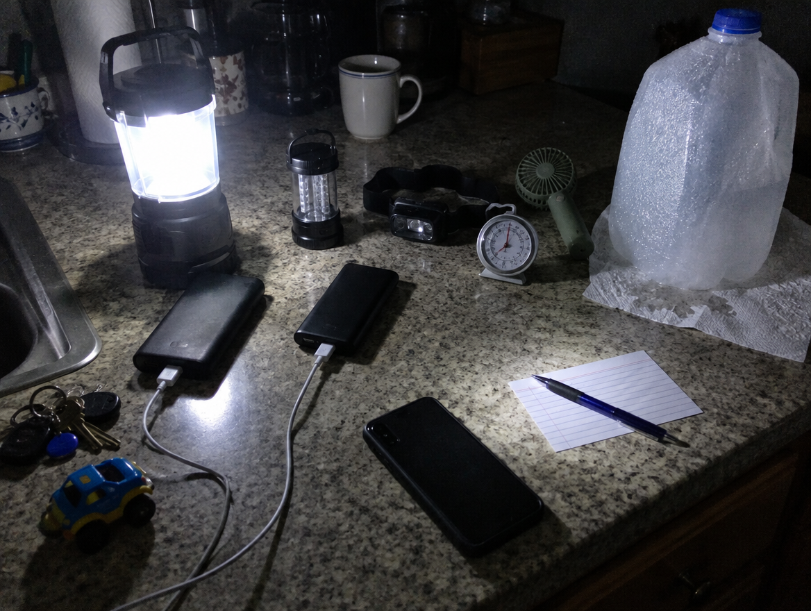 Monsoon power outage kit on a kitchen counter: power banks, lantern, headlamp, fridge thermometer and a frozen water jug