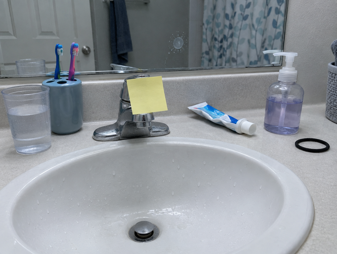 Note taped over a bathroom faucet and a cup of safe water for brushing teeth during a boil water advisory
