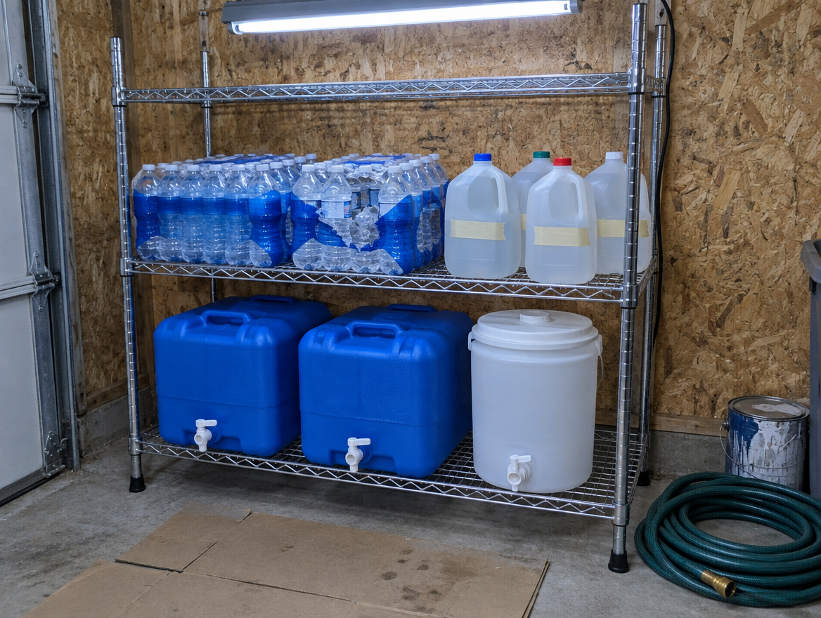Stored emergency water for the next boil water advisory: 5-gallon containers, bottled water cases and gallon jugs on a garage shelf