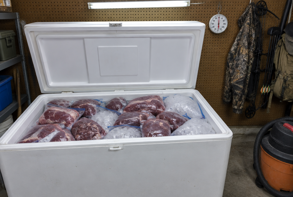 Old-Timer Meat Preservation Advice: Which Half Still Holds Up, and Which Half Can Make You Sick Quartered deer meat in a cooler packed with bagged ice, with a thermometer on the garage wall