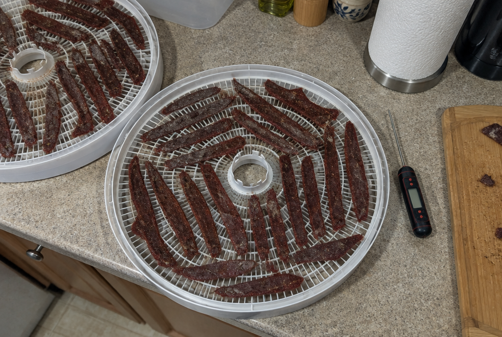 Old-Timer Meat Preservation Advice: Which Half Still Holds Up, and Which Half Can Make You Sick Meat preservation at home: venison jerky on dehydrator trays next to a food thermometer