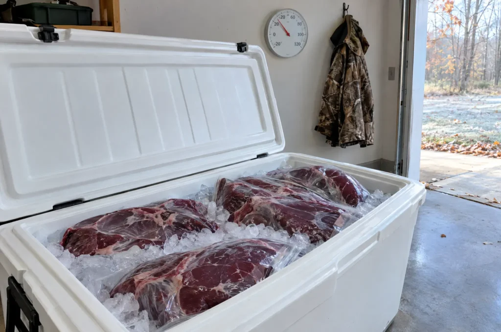 Old-Timer Meat Preservation Advice: Which Half Still Holds Up, and Which Half Can Make You Sick Bagged venison quarters packed in ice in a cooler, with a wall thermometer reading near 35°F