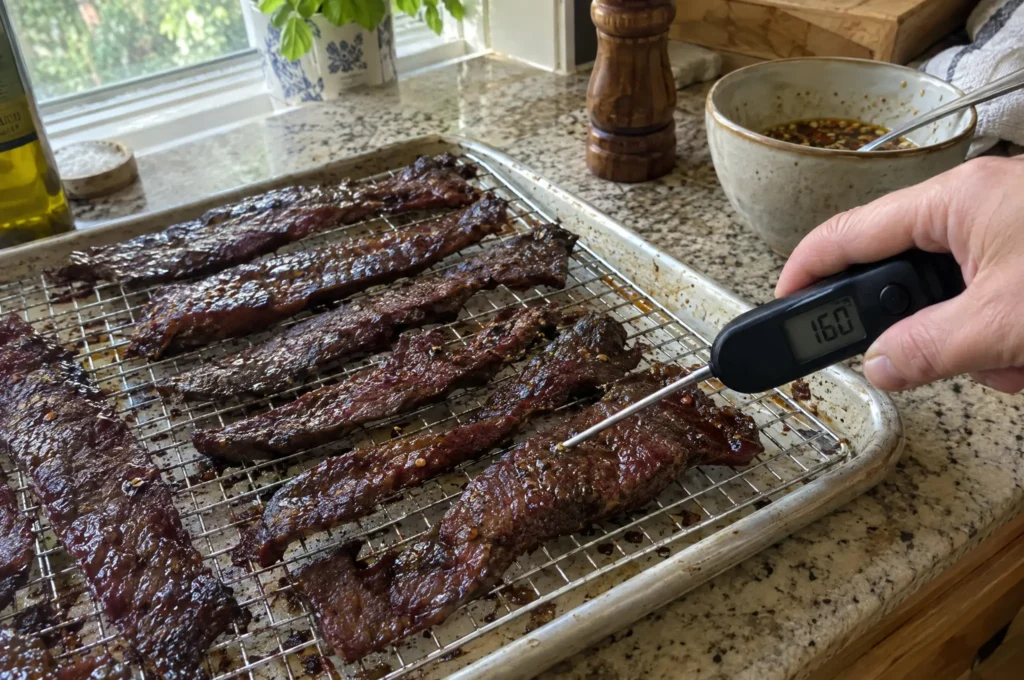 Meat preservation done right: checking venison jerky strips with a thermometer at 160°F before drying