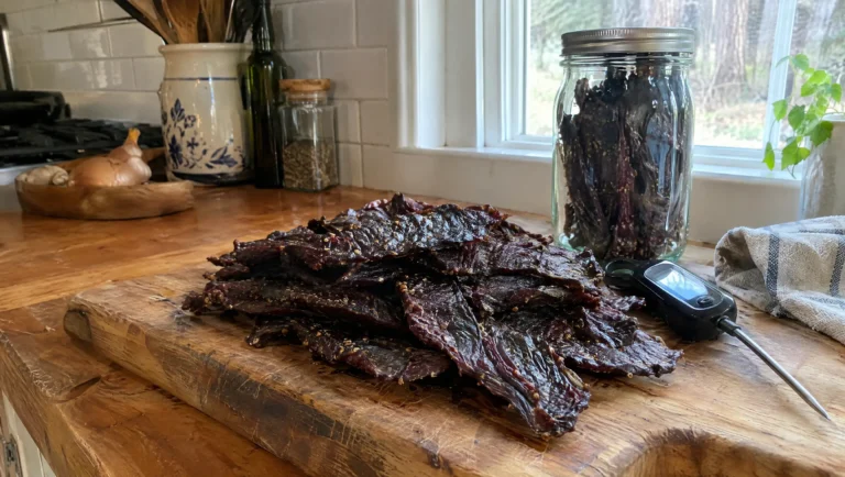 Meat preservation the old way: homemade venison jerky on a cutting board with a food thermometer