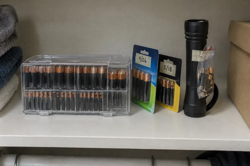 Emergency batteries stored in a hard case on a closet shelf, with a flashlight stored empty and its batteries taped to it in a bag