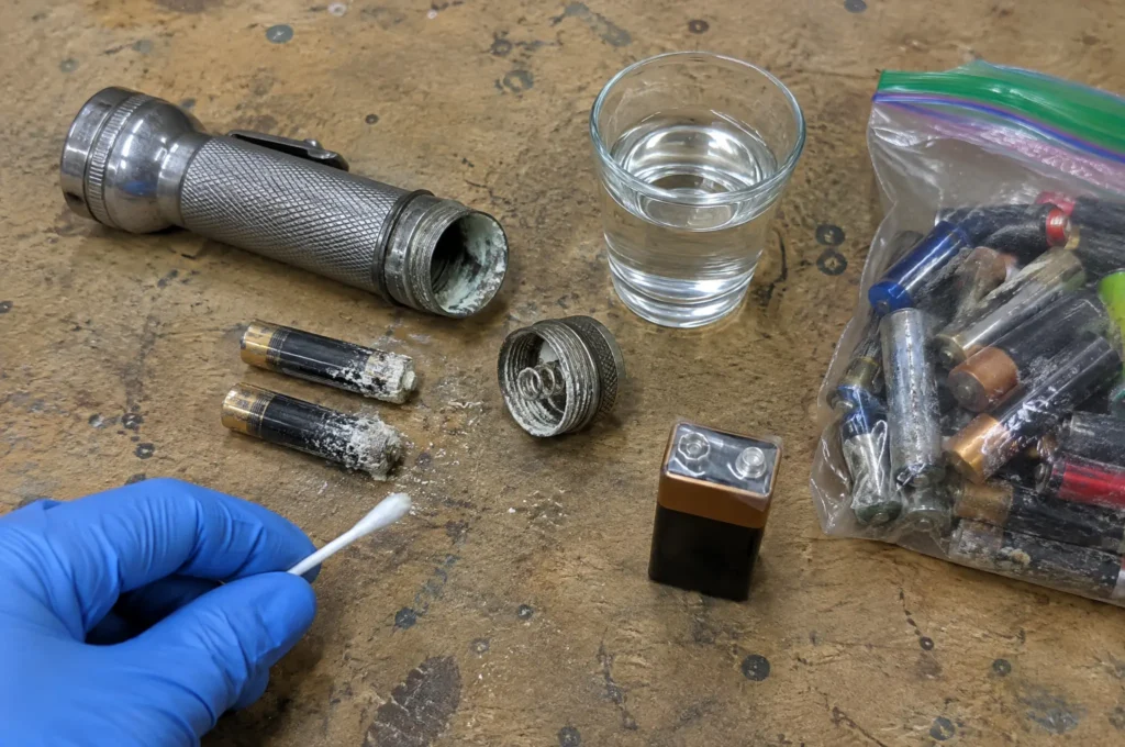 Leaking alkaline batteries with white corrosion in a flashlight, cleaned with a cotton swab and vinegar, and a taped 9-volt ready for recycling